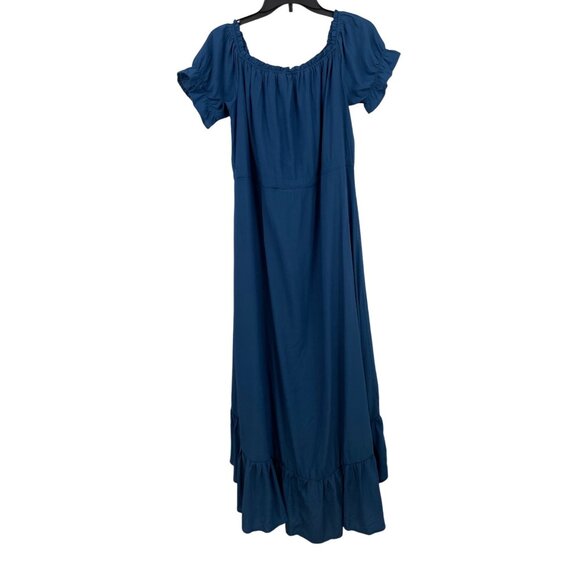 Womens Blue Off-Shoulder Maxi Dress Ruffle Sleeves & Button Front Closure Large - Picture 2 of 9